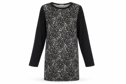 Front view of Tu women’s black animal print polyamide t-shirt dress, size UK 14, round neck
