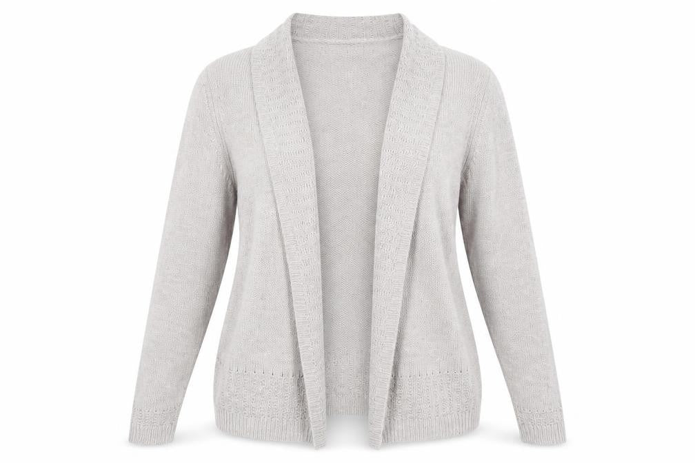 Front view of Marks & Spencer women’s grey roll neck viscose cardigan jumper, size UK 12
