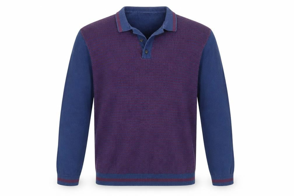 Front view of Preworn men’s blue collared cotton jumper, size L