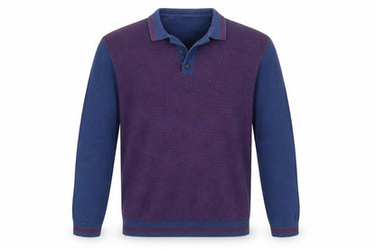Front view of Preworn men’s blue collared cotton jumper, size L