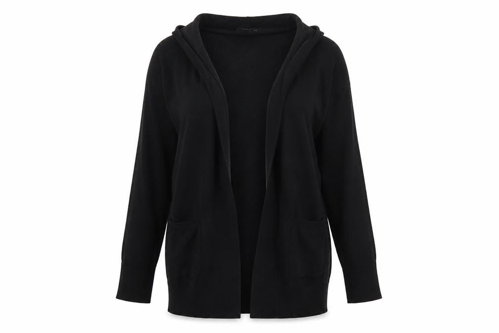 Front view of Preworn women’s black round neck viscose cardigan jumper, size S