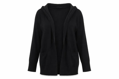 Front view of Preworn women’s black round neck viscose cardigan jumper, size S