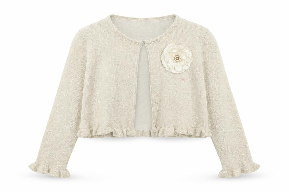 Front view of Preworn women’s gold round neck cotton cardigan jumper, size UK 4