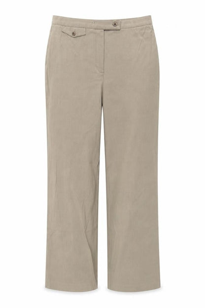 Front view of JM Collection women’s beige polyester trousers, size UK 12, 28-inch leg regular