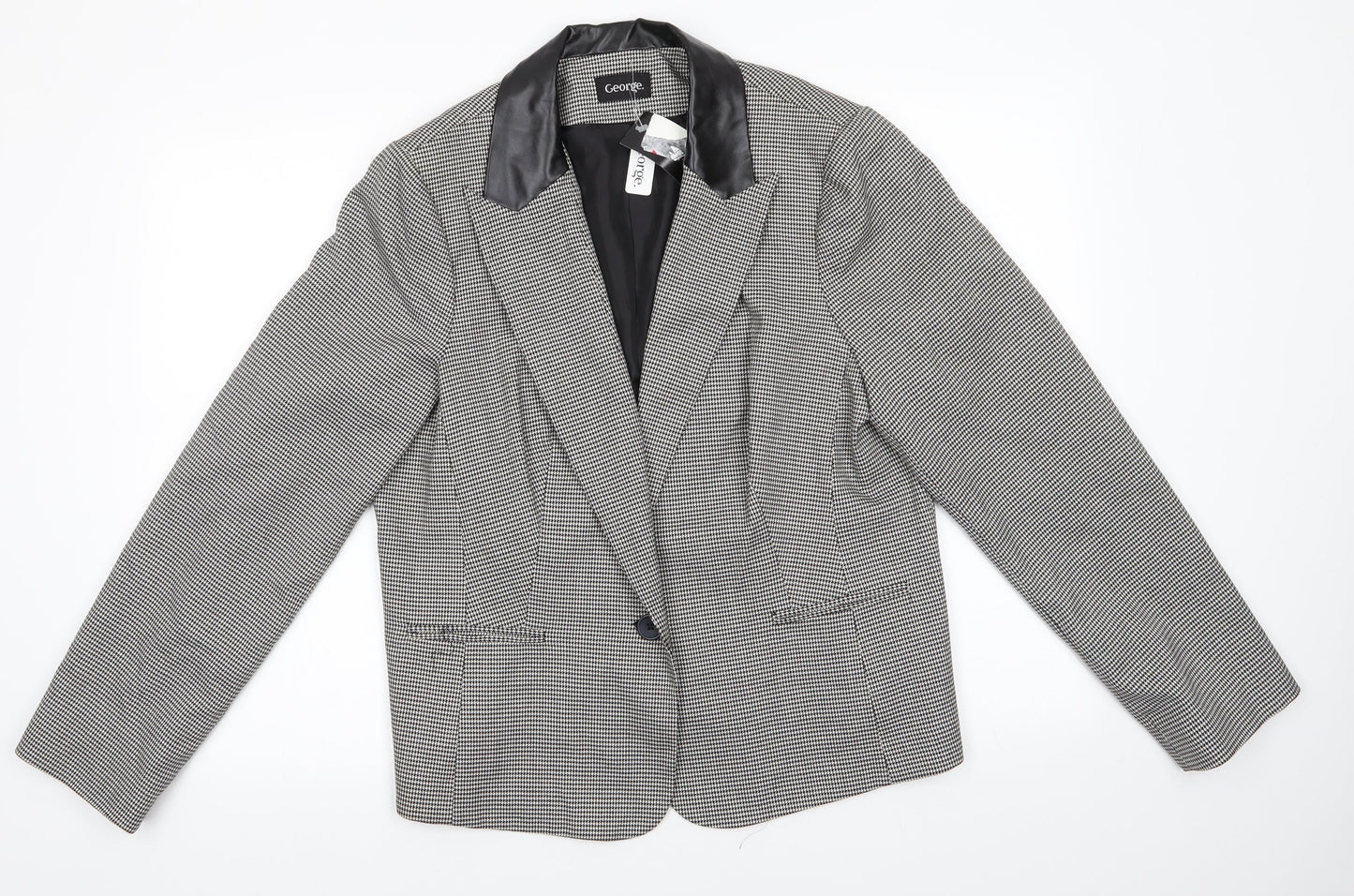 George Womens Black Houndstooth Polyester Jacket Suit Jacket Size 18   - Faux Leather Collar