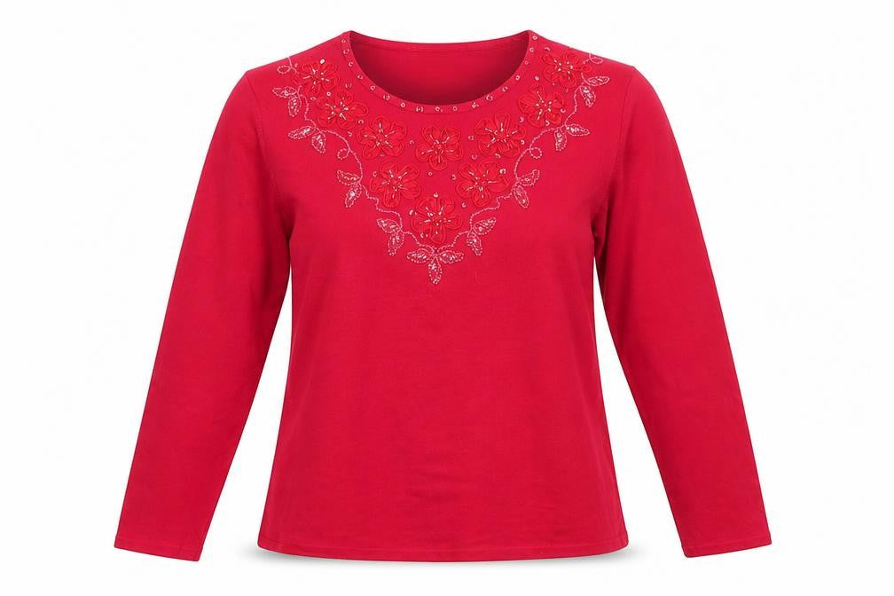 Front view of Roman women’s red round neck floral viscose jumper, size L, - ribbon flowers