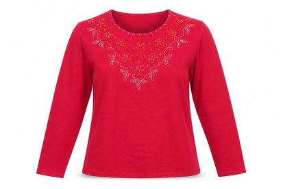 Front view of Roman women’s red round neck floral viscose jumper, size L, - ribbon flowers