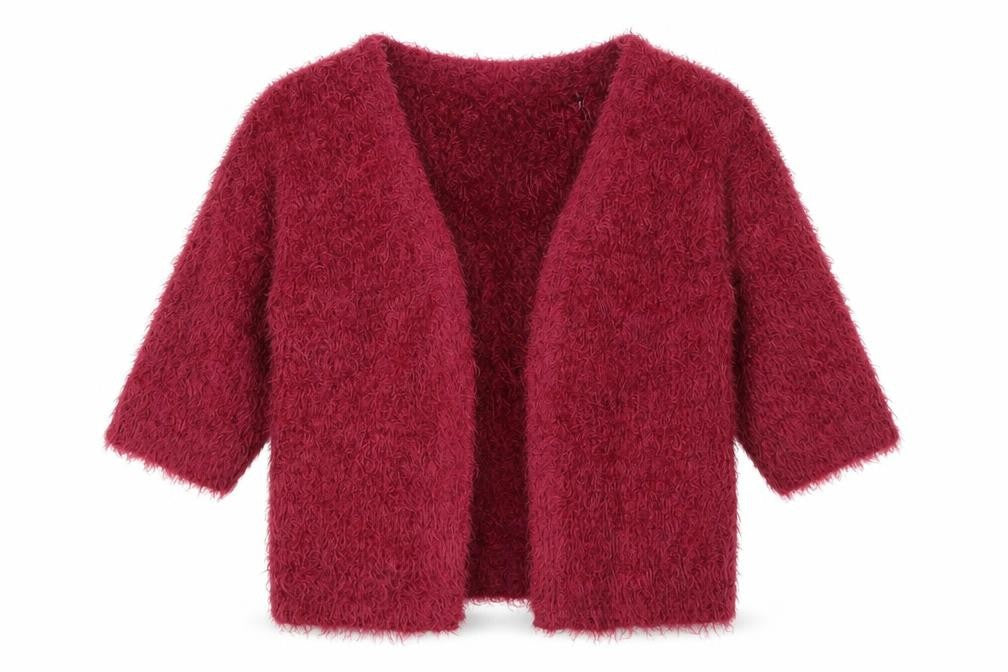 Front view of Anthology women’s pink round neck acrylic cardigan jumper, size UK 14