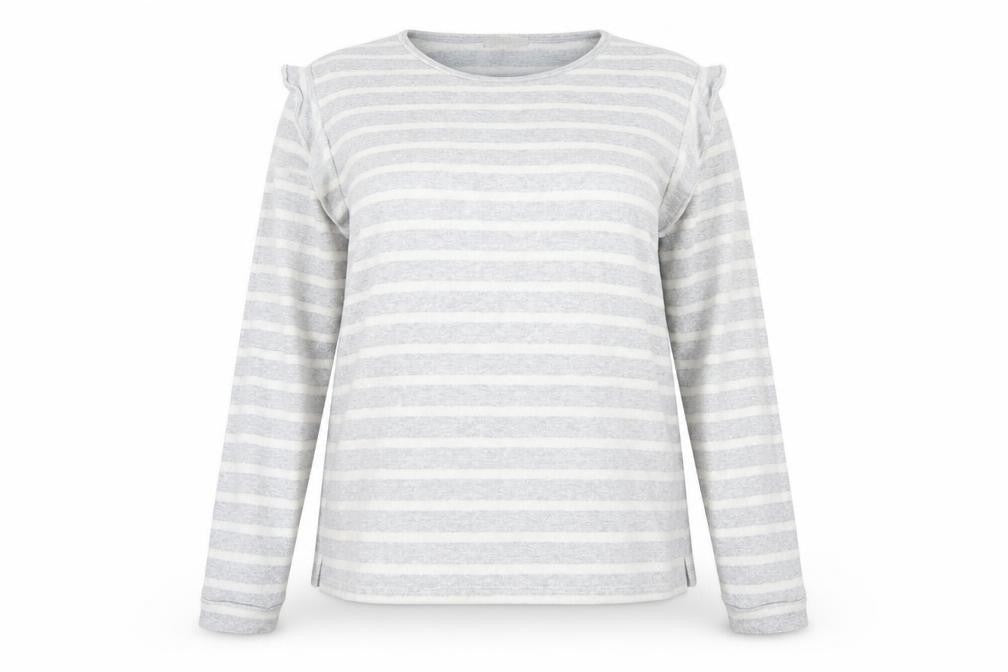 Front view of Papaya women’s grey round neck striped cotton jumper, size UK 14