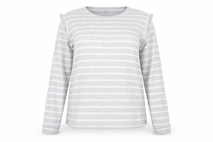 Front view of Papaya women’s grey round neck striped cotton jumper, size UK 14