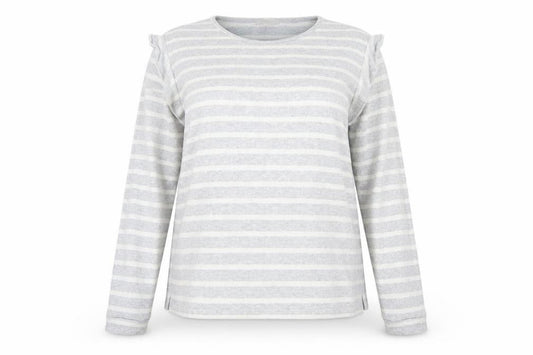 Front view of Papaya women’s grey round neck striped cotton jumper, size UK 14