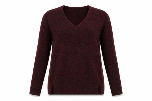 Front view of Papaya women’s red v-neck acrylic jumper, size S