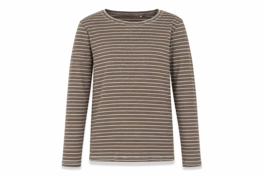 Front view of Next girls’ brown round neck striped cotton jumper, size 15, years
