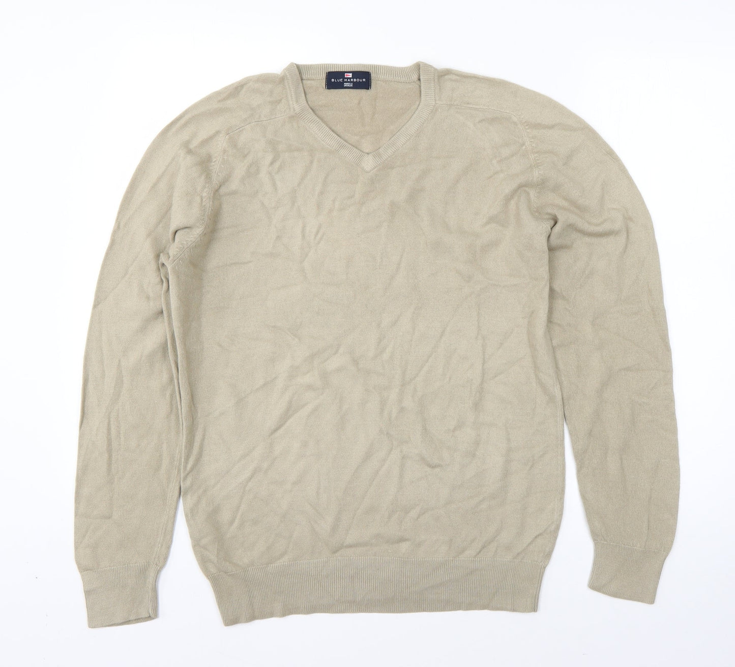 M&S Mens Beige V-Neck  Acrylic Pullover Jumper Size S