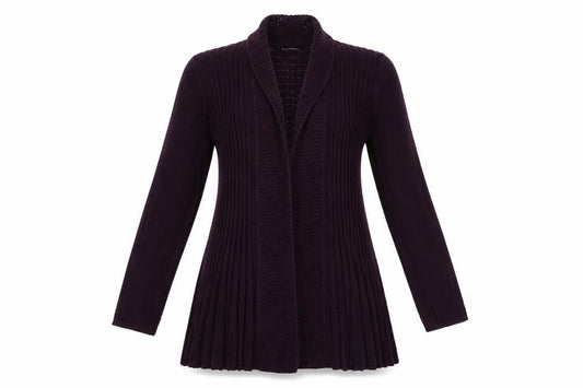 Front view of Pura Moda women’s purple v-neck acrylic cardigan jumper, size S