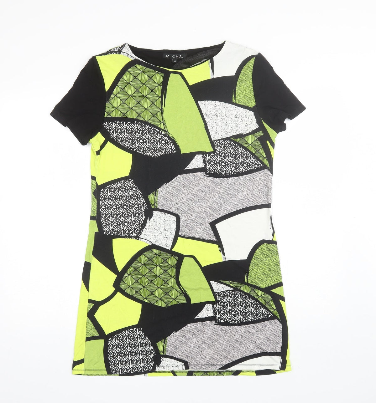 Additional front view of Micha women’s green geometric viscose shift, size M, round neck
