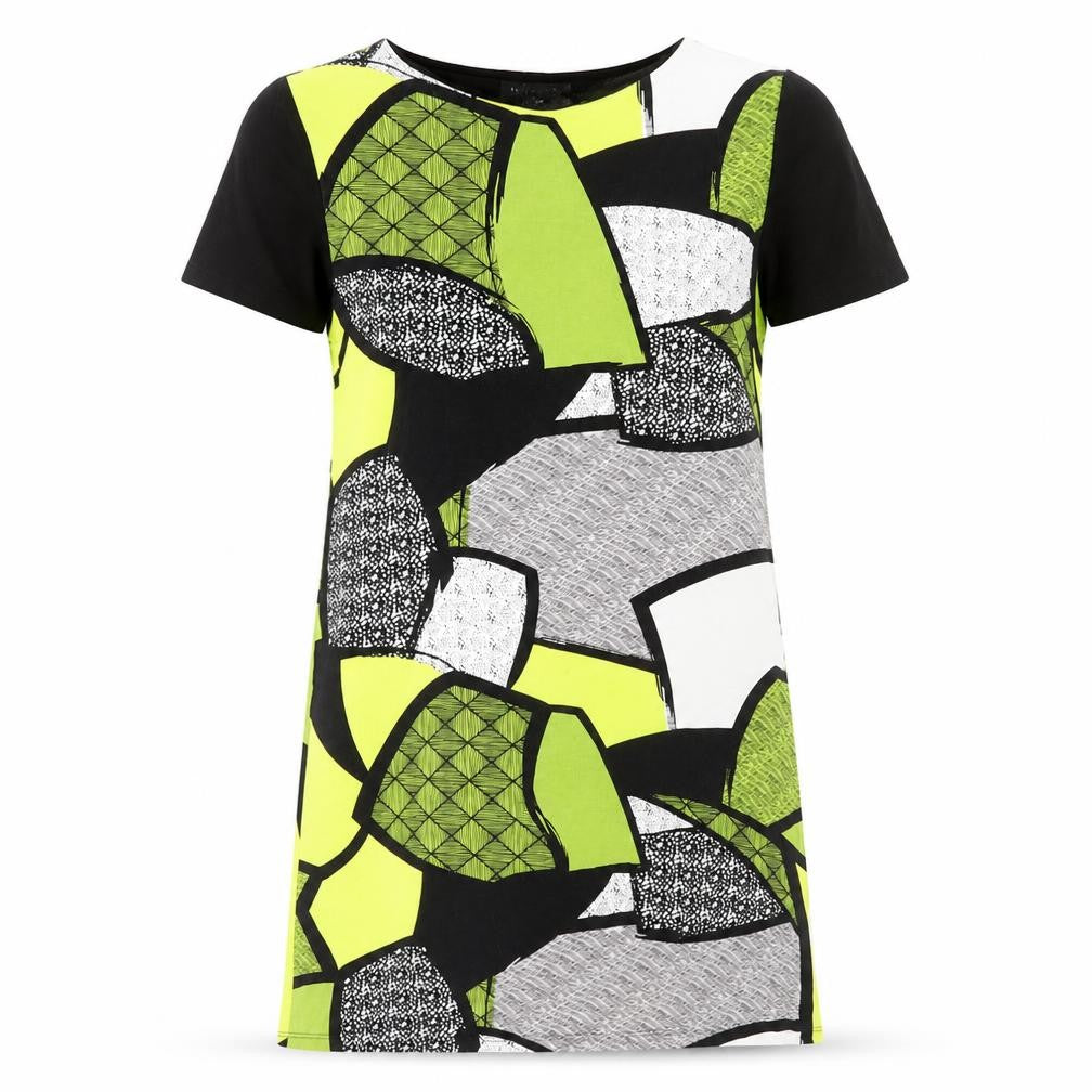 Front view of Micha women’s green geometric viscose shift, size M, round neck
