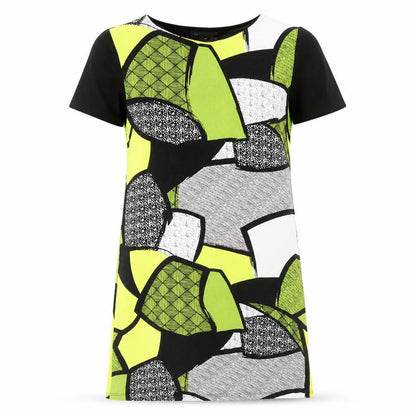 Front view of Micha women’s green geometric viscose shift, size M, round neck