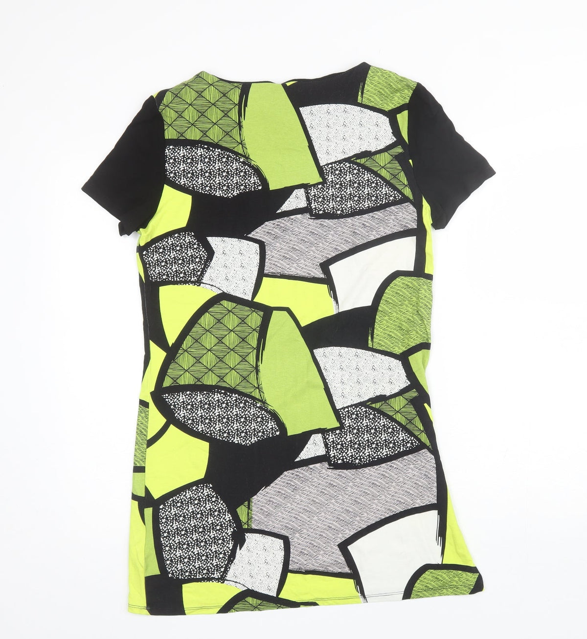 Back view of Micha women’s green geometric viscose shift, size M, round neck