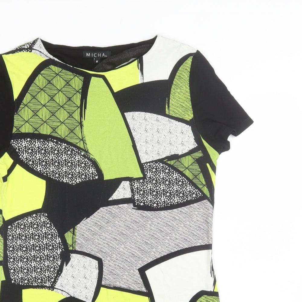 Close-up detail of Micha women’s green geometric viscose shift, size M, round neck