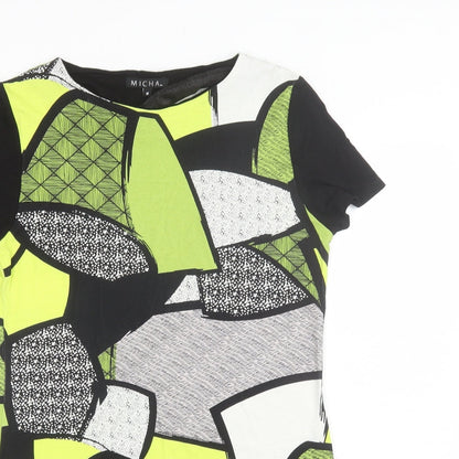 Close-up detail of Micha women’s green geometric viscose shift, size M, round neck