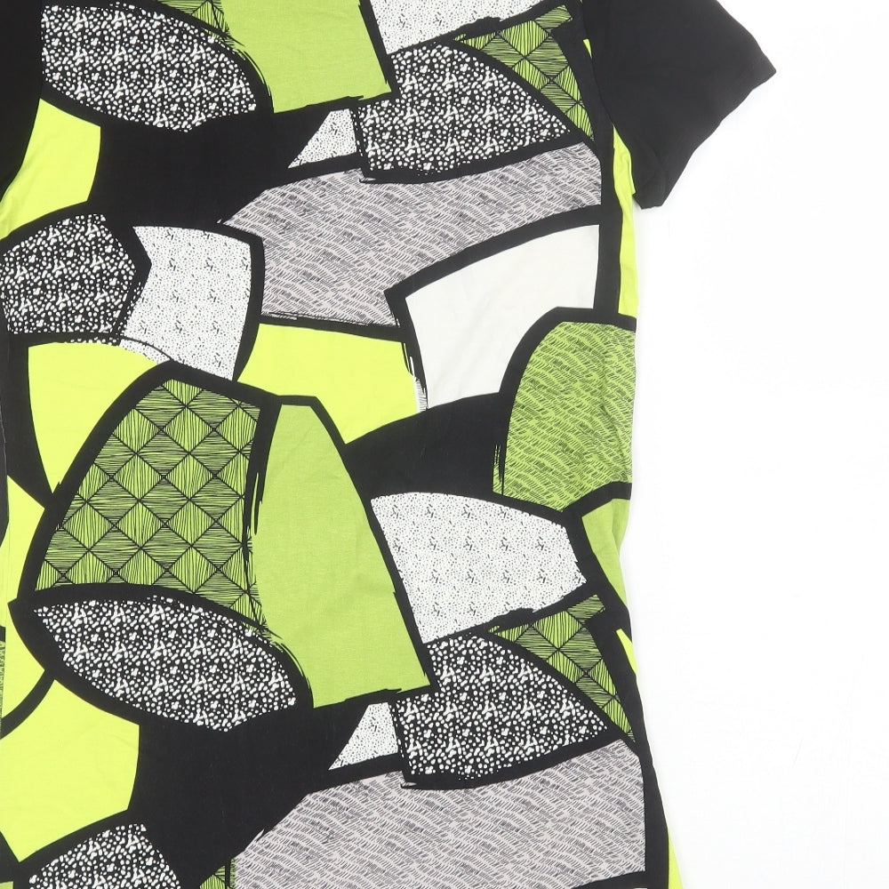 Brand and care label for Micha women’s green geometric viscose shift, size M, round neck