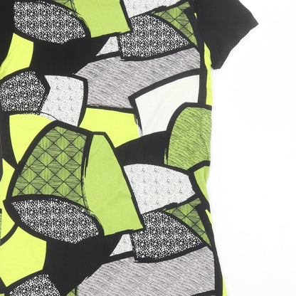 Brand and care label for Micha women’s green geometric viscose shift, size M, round neck