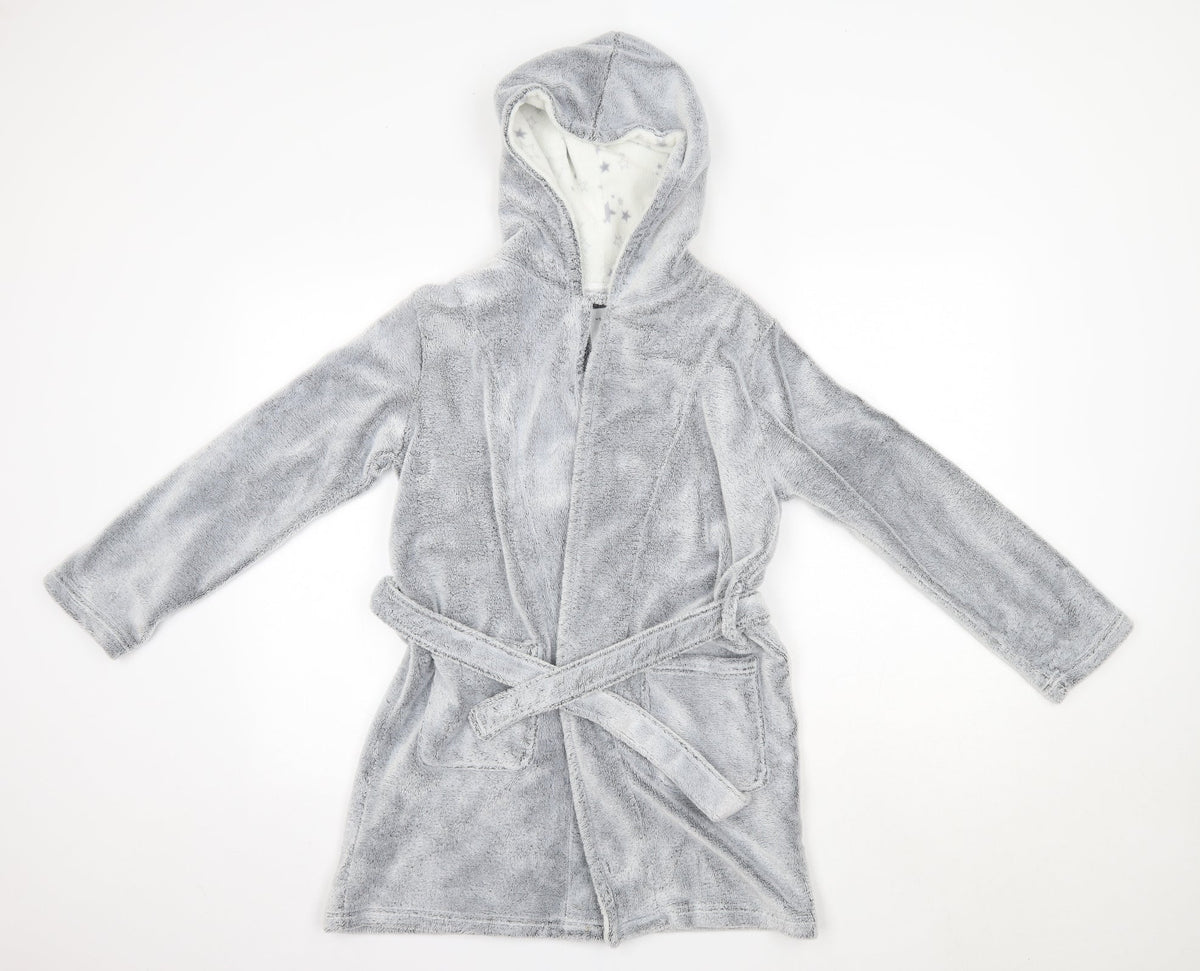 Front view of New Look 915 girls’ grey solid polyester top robe, size S