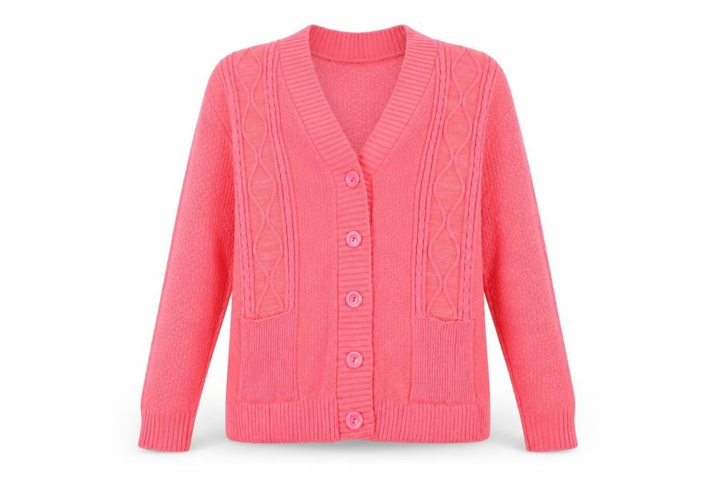 Front view of Fashion Alert women’s pink v-neck acrylic cardigan jumper, size L