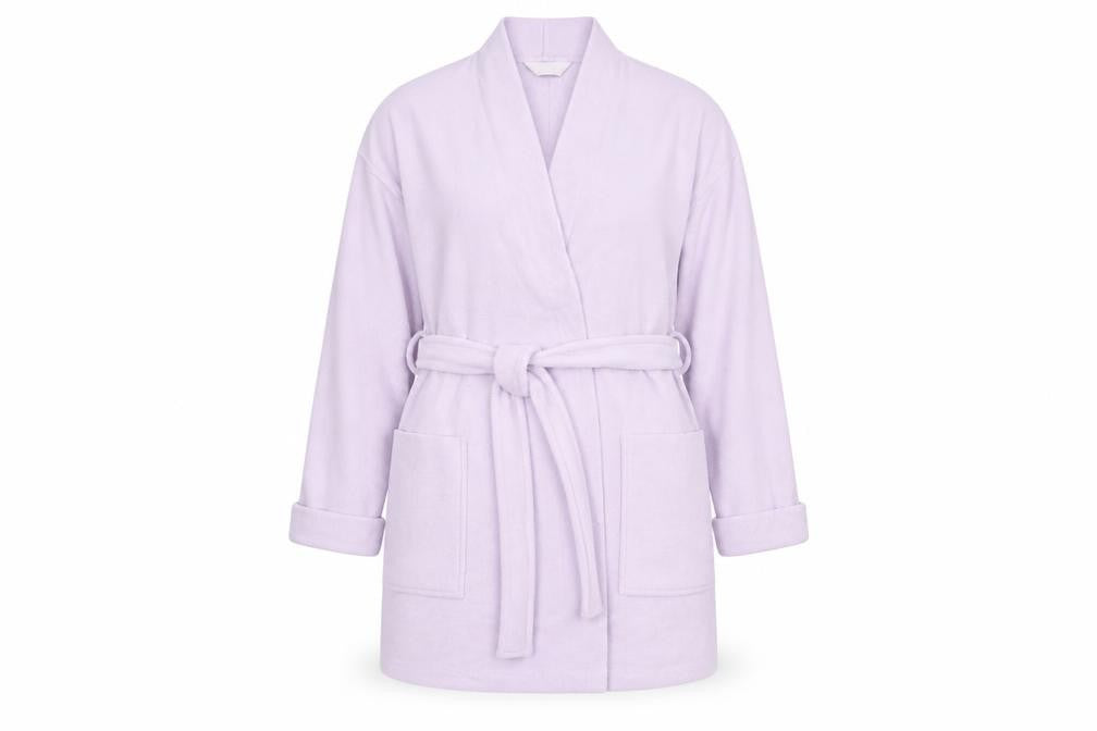 Front view of Marks & Spencer women’s purple solid polyester robe, size UK 12, - pale lilac mid length
