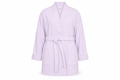 Front view of Marks & Spencer women’s purple solid polyester robe, size UK 12, - pale lilac mid length