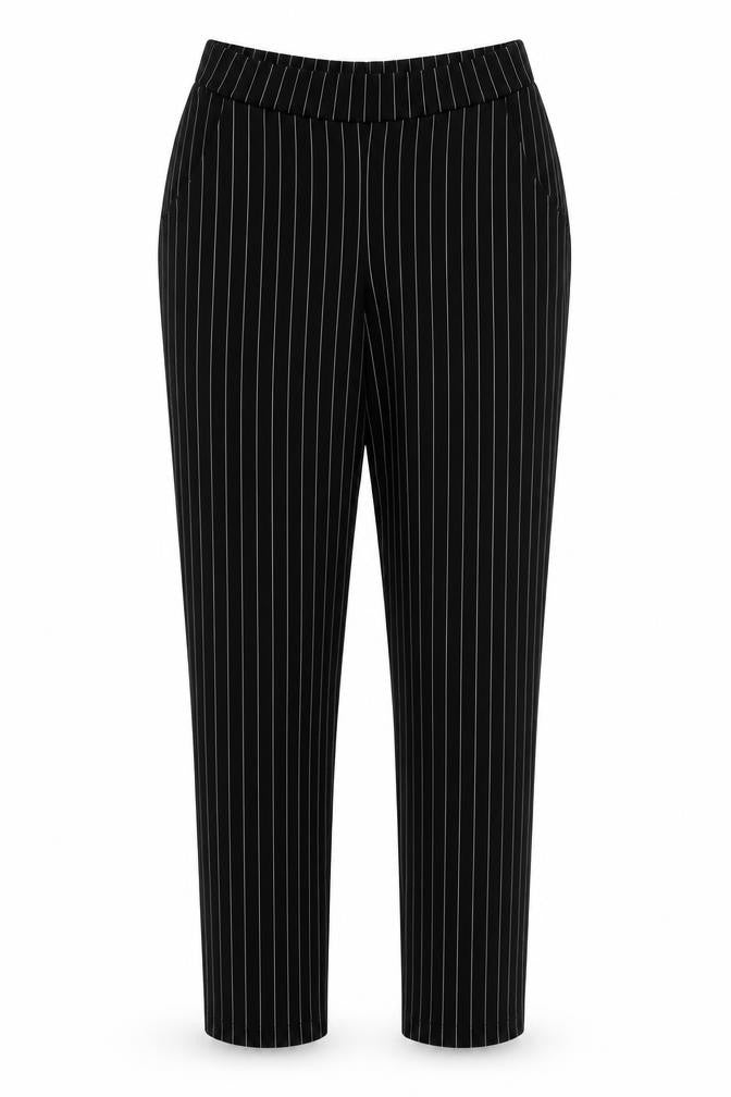 Front view of PRETTYLITTLETHING women’s beige striped polyester trousers, size UK 10, 26.5-inch leg regular - grey stripe