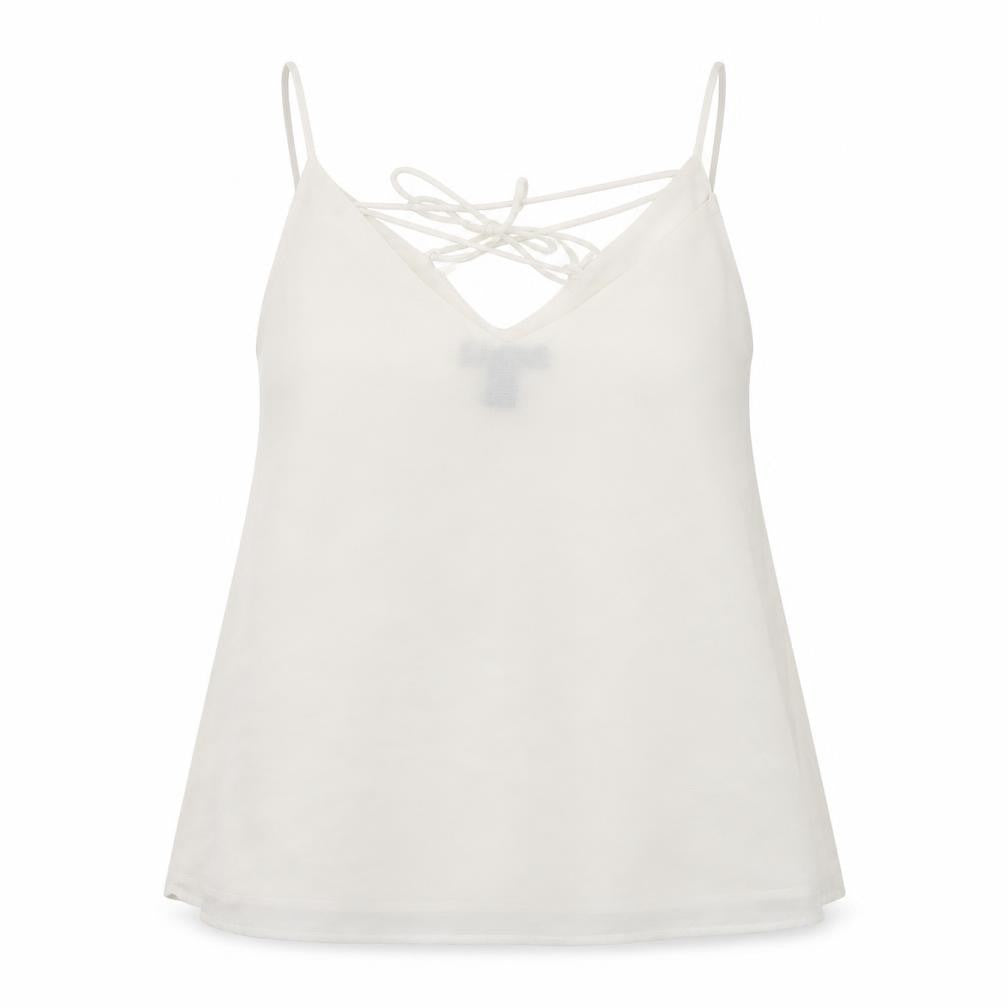 Front view of New Look women’s white camisole blouse, size UK 8, v-neck - lace up detail to back