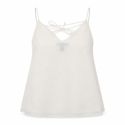 Front view of New Look women’s white camisole blouse, size UK 8, v-neck - lace up detail to back