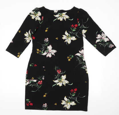 Dorothy Perkins Womens Black Floral Polyester A-Line  Size 10  Round Neck  - Back Zip Lightly gathered shoulders Yellow White Red flowers Patch Pockets