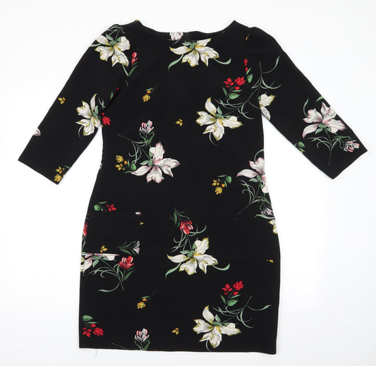 Dorothy Perkins Womens Black Floral Polyester A-Line  Size 10  Round Neck  - Back Zip Lightly gathered shoulders Yellow White Red flowers Patch Pockets