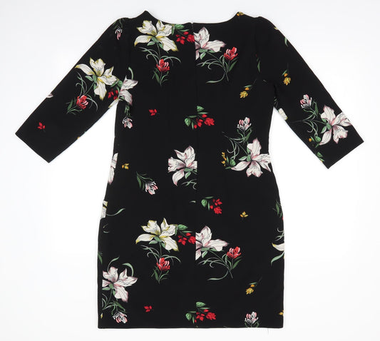 Dorothy Perkins Womens Black Floral Polyester A-Line  Size 10  Round Neck  - Back Zip Lightly gathered shoulders Yellow White Red flowers Patch Pockets