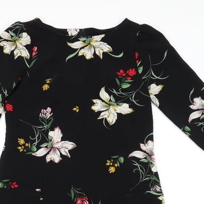 Dorothy Perkins Womens Black Floral Polyester A-Line  Size 10  Round Neck  - Back Zip Lightly gathered shoulders Yellow White Red flowers Patch Pockets