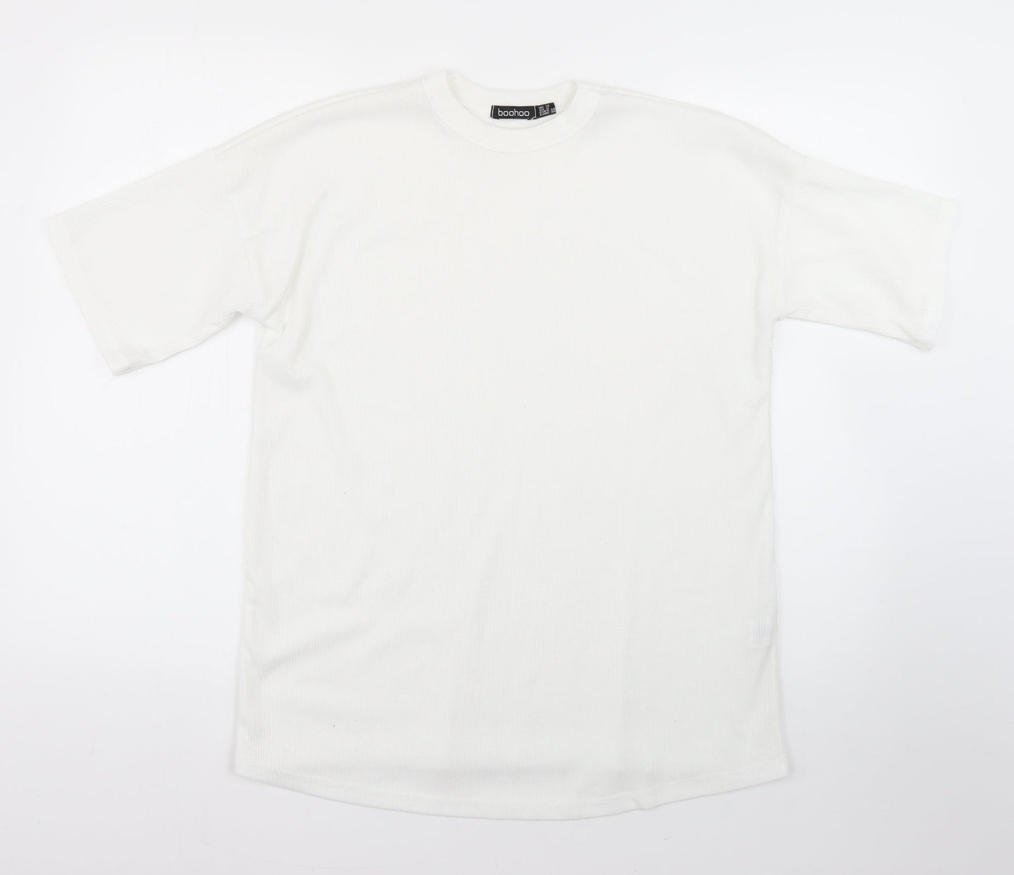 Boohoo Womens White Striped Polyester Basic T-Shirt Size 10 Round Neck