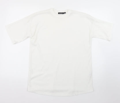Boohoo Womens White Striped Polyester Basic T-Shirt Size 10 Round Neck