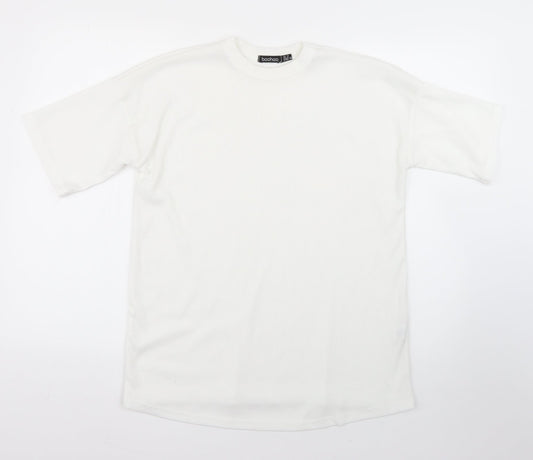 Boohoo Womens White Striped Polyester Basic T-Shirt Size 10 Round Neck