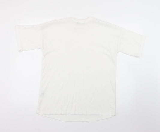 Boohoo Womens White Striped Polyester Basic T-Shirt Size 10 Round Neck