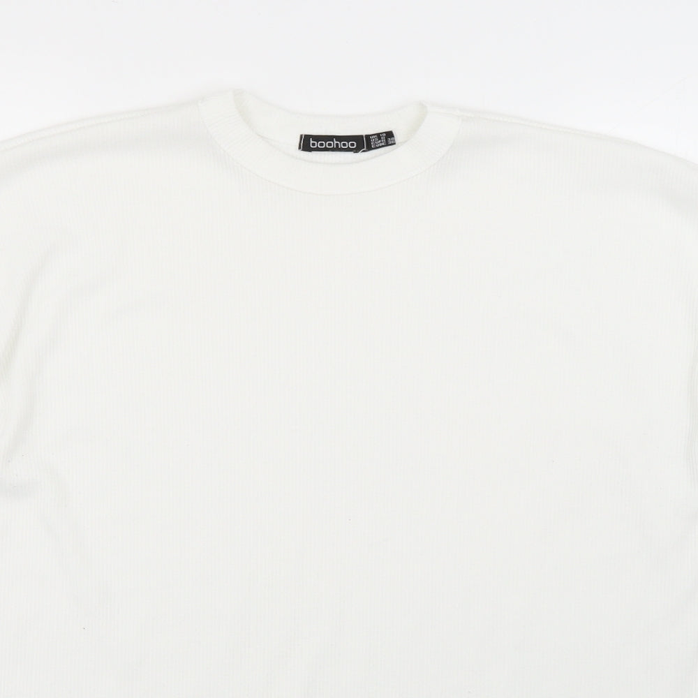 Boohoo Womens White Striped Polyester Basic T-Shirt Size 10 Round Neck