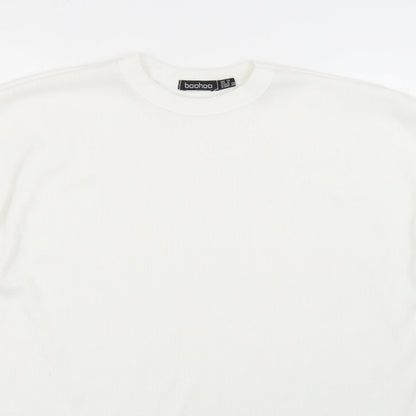 Boohoo Womens White Striped Polyester Basic T-Shirt Size 10 Round Neck