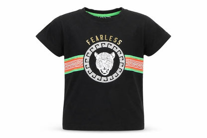Front view of Urban Dept boys’ black cotton basic t-shirt, size 6, years round neck - leopard