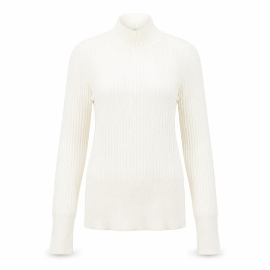 Front view of Marks & Spencer women’s beige high neck viscose jumper, size UK 8