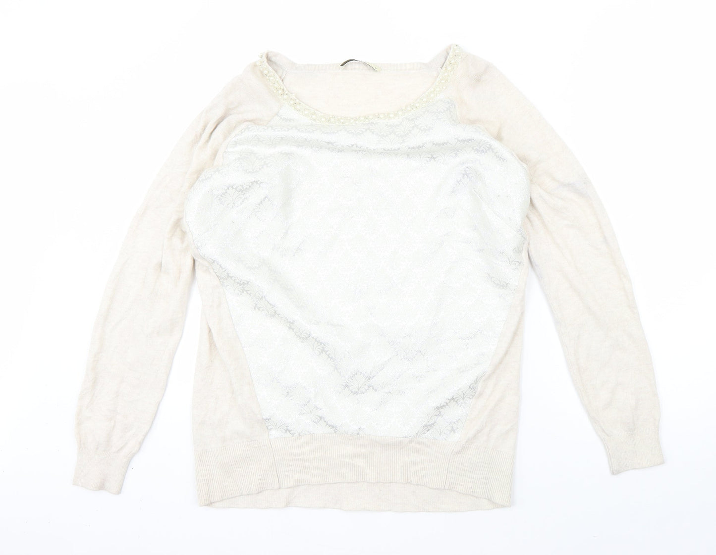 Oasis Womens Beige Round Neck  Polyester Pullover Jumper Size M