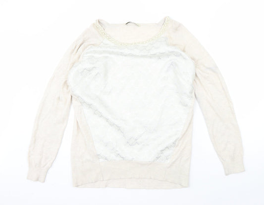 Oasis Womens Beige Round Neck  Polyester Pullover Jumper Size M