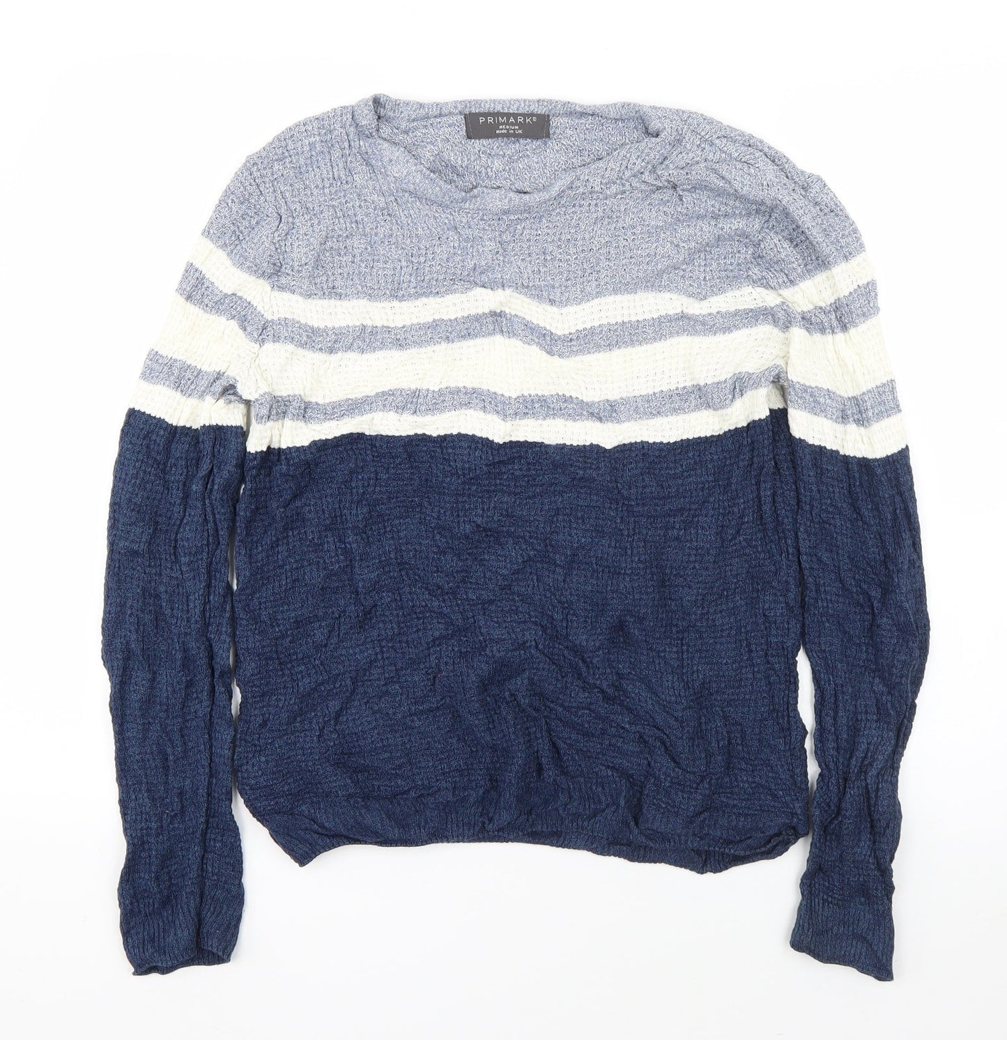 Primark Mens Blue Round Neck Striped Acrylic Pullover Jumper Size M