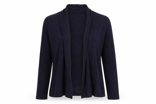 Front view of Papaya women’s blue round neck viscose cardigan jumper, size UK 14
